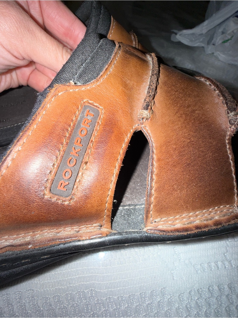 Rockport Men's Brown Leather Slide Sandals With Black Footbed View 3